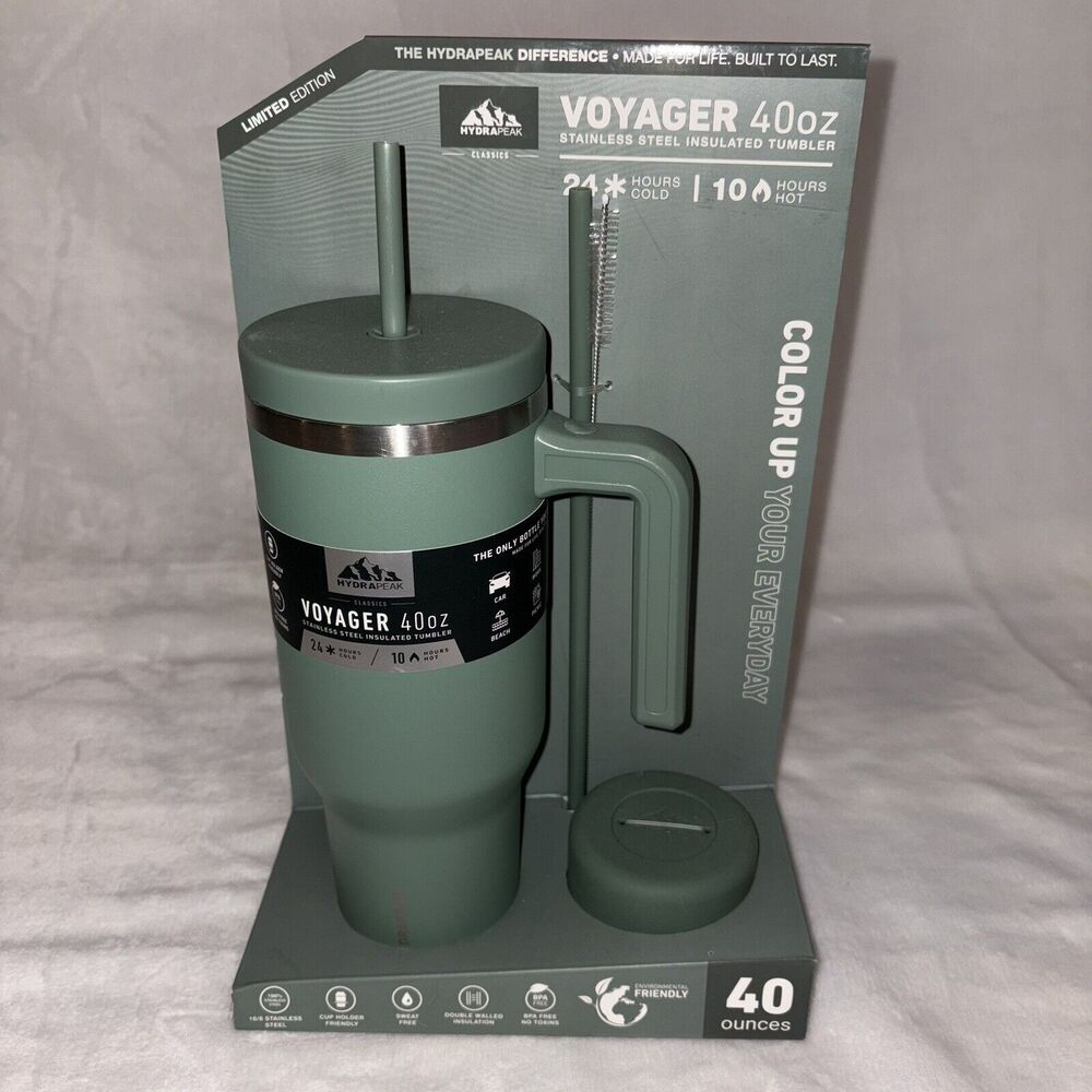 Hydrapeak Voyager 40oz Tumbler Handle Box Straw Lid Limited Edition Evergreen